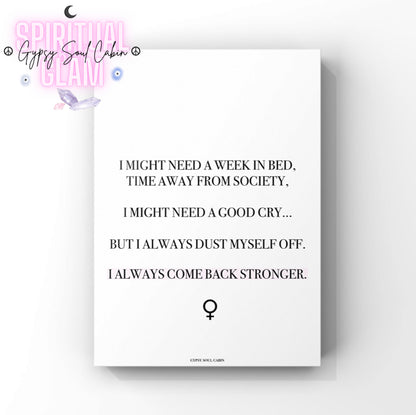 Minimalist black and white A4 typography poster displaying a powerful resilience quote paired with a clean black female Venus symbol.