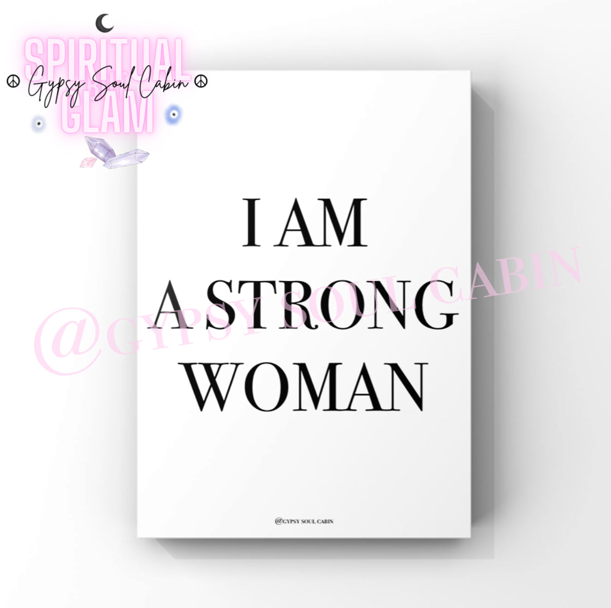 Empowering feminism typography wall art print featuring the powerful statement “I AM A STRONG WOMAN” in clean black serif font over a crisp white background.
