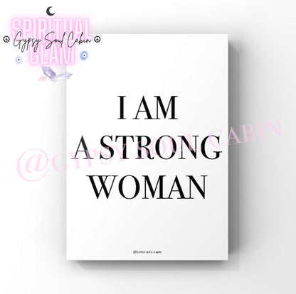 Empowering feminism typography wall art print featuring the powerful statement “I AM A STRONG WOMAN” in clean black serif font over a crisp white background.