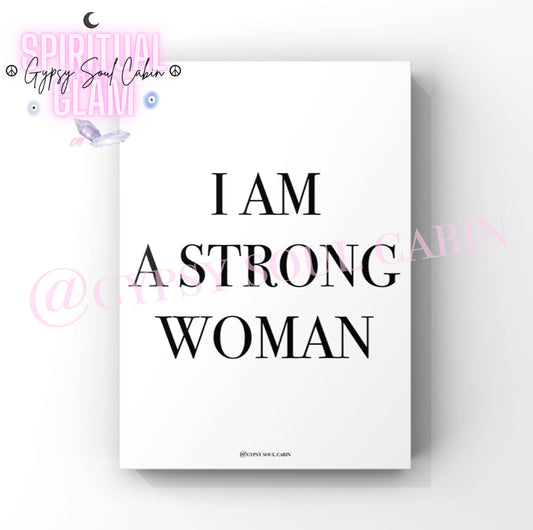 Empowering feminism typography wall art print featuring the powerful statement “I AM A STRONG WOMAN” in clean black serif font over a crisp white background.