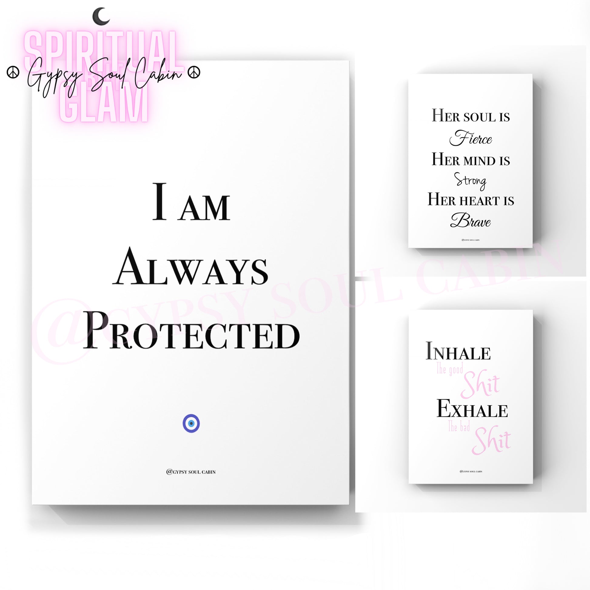 A set of three A4 quote prints with black, white, and pink text on a white background, each with a different inspirational quote.