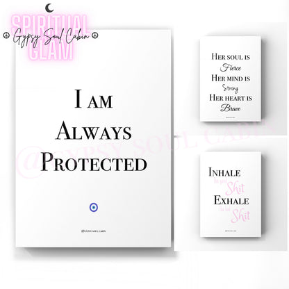 A set of three A4 quote prints with black, white, and pink text on a white background, each with a different inspirational quote.