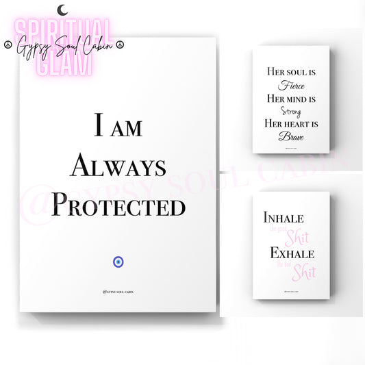 A set of three A4 quote prints with black, white, and pink text on a white background, each with a different inspirational quote.