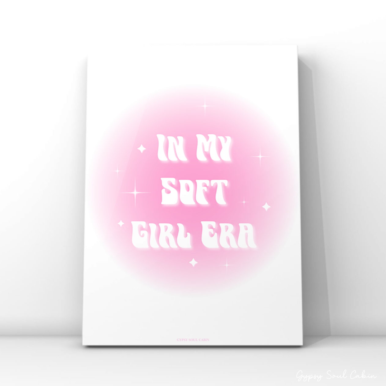 Minimalist A4 aesthetic print featuring a vibrant pink aura gradient background circle with retro wavy text reading In My Soft Girl Era and small white stars.