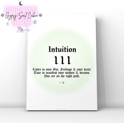 Minimalist A4 spiritual wall art print featuring a soft green aura gradient background with bold black gothic typography reading Intuition 111 and a manifestation guide text block.