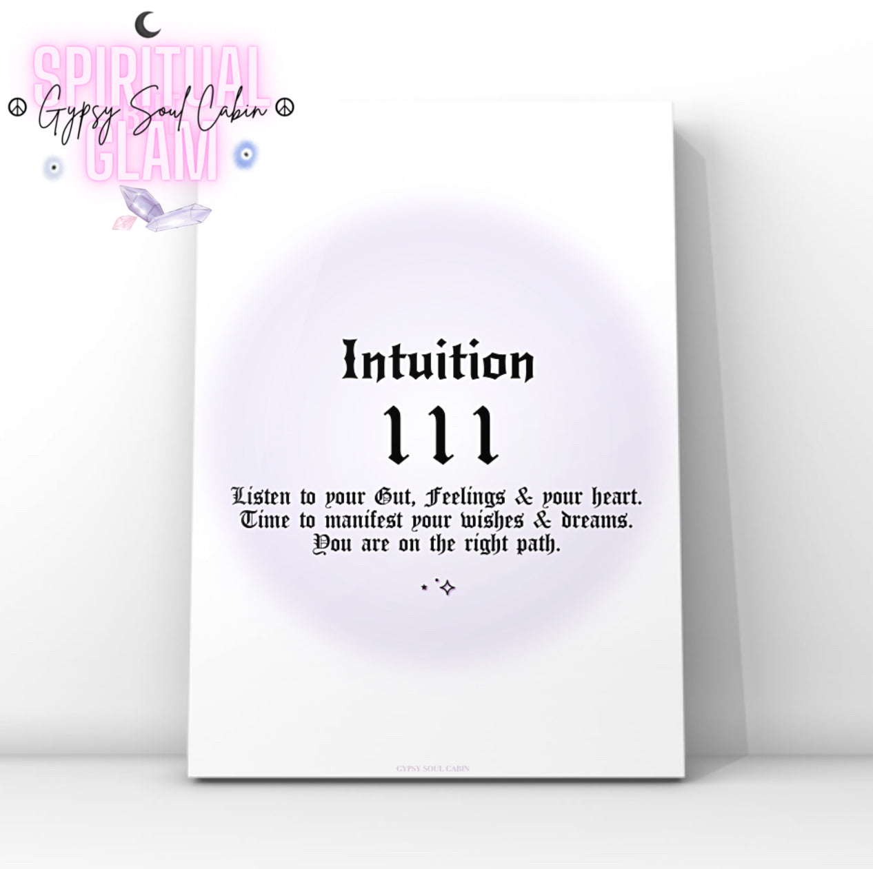 Minimalist A4 spiritual wall art print featuring a soft purple aura gradient background with bold black gothic typography reading Intuition 111 and a manifestation guide text block.