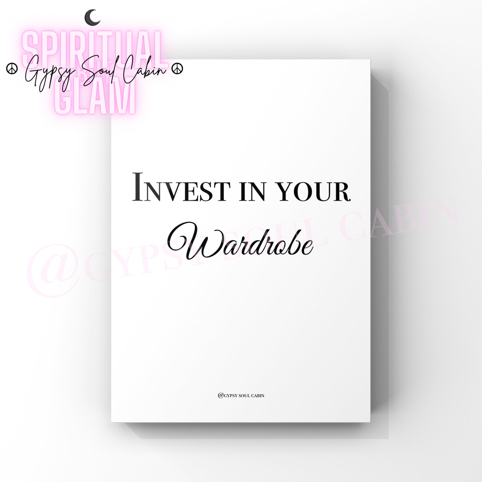Minimalist A4 black and white typography wall art print featuring the chic fashion text Invest in your Wardrobe centered on a clean white background.
