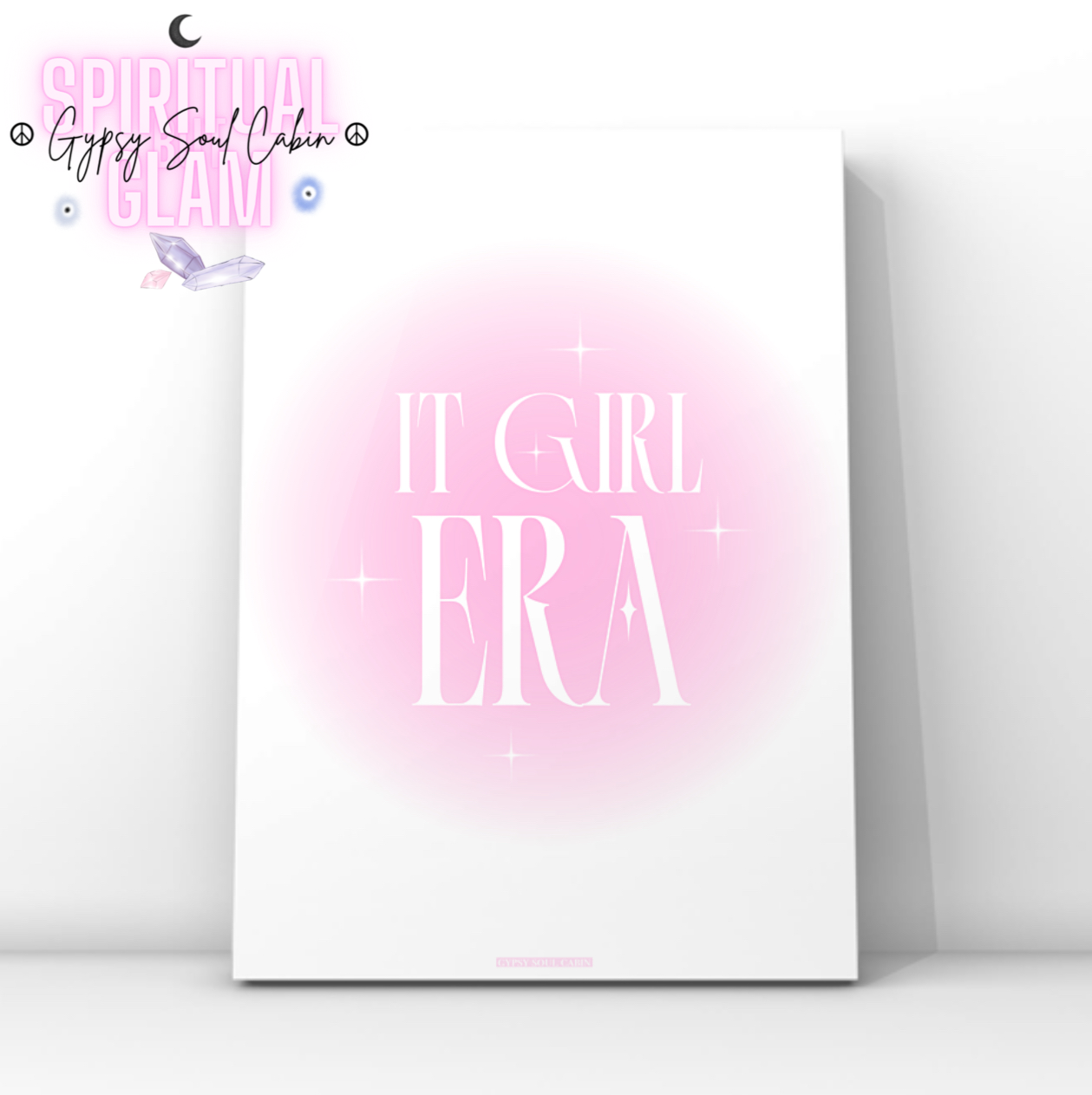 Pink gradient aura typography print featuring the bold text It Girl Era surrounded by glowing Y2K cosmic star sparkles.