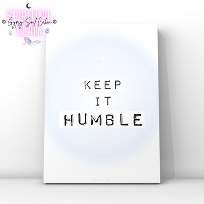 Minimalist typography print reading Keep It Real in black typewriter font over soft blue gradient blocks and a glowing mint blue aura background.