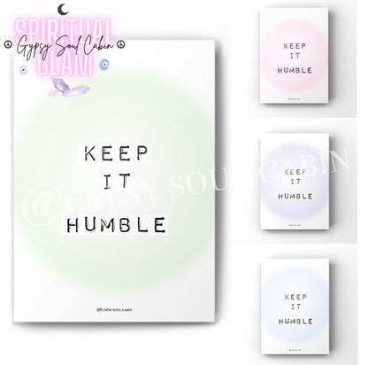 4-piece spiritual typography art print set displaying the quote Keep It Humble in a black label-maker font with mint green, pastel pink, lilac purple, and soft blue aura colour variations.