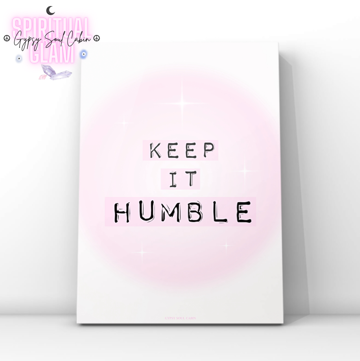 Minimalist typography print reading Keep It Real in black typewriter font over soft pink gradient blocks and a glowing pink aura background.