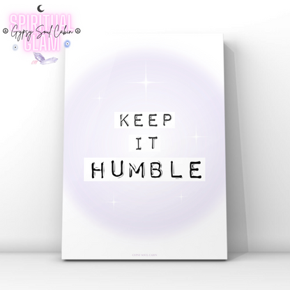 Minimalist typography print reading Keep It Real in black typewriter font over soft purple gradient blocks and a glowing lilac aura background.