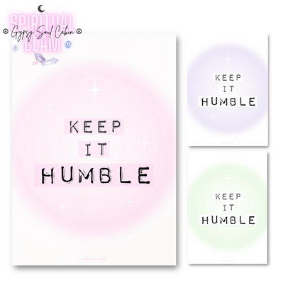 Main product preview for Gypsy Soul Cabin showing the pink gradient aura version of the Keep It Humble typewriter print next to the purple and green aura variants.