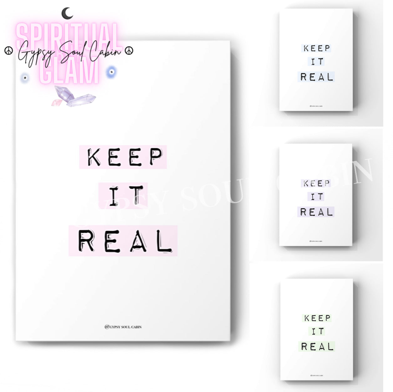 3-piece typography art print set displaying the quote Keep It Real in a black label-maker tape font with pink, purple, and mint green colour options.
