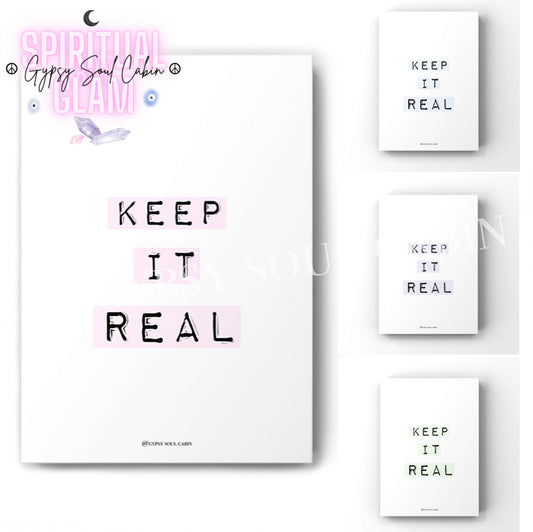 3-piece typography art print set displaying the quote Keep It Real in a black label-maker tape font with pink, purple, and mint green colour options.