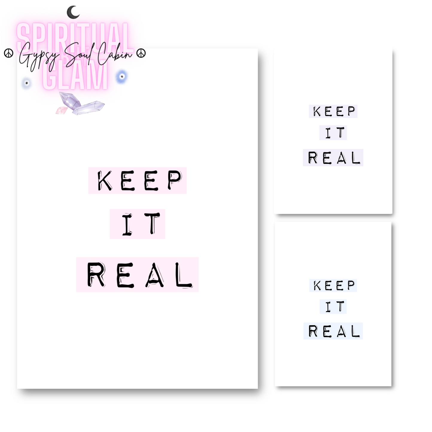 Main product preview on Gypsy Soul Cabin showing the pink label version of the Keep It Real minimalist quote print next to purple and blue variants.
