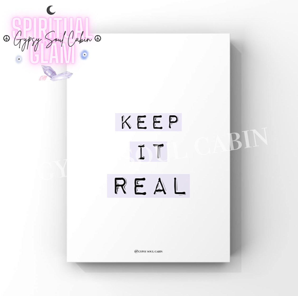 Aesthetic wall decor print featuring the quote “Keep It Real” styled as black Dymo label tape stickers in a pastel lilac purple colourway.
