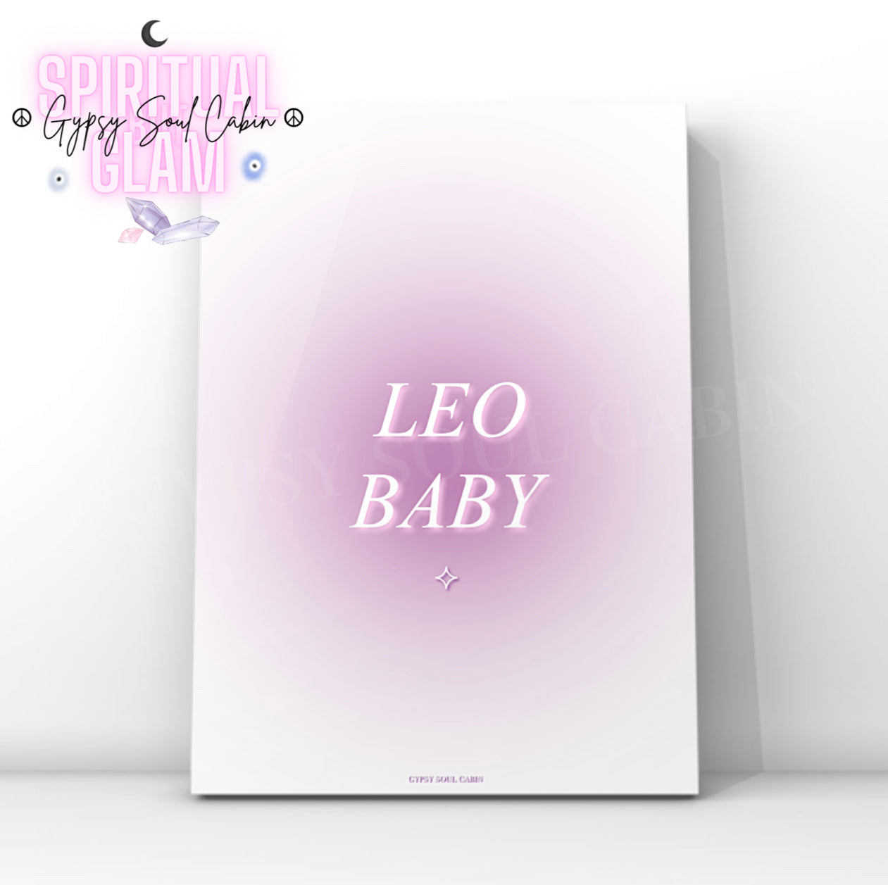 Gypsy Soul Cabin Leo Baby purple gradient aura art print with aesthetic spiritual typography and a vibrant purple energy design.