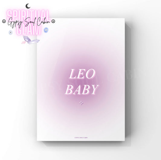 Gypsy Soul Cabin Leo Baby purple gradient aura art print with aesthetic spiritual typography and a vibrant purple energy design.