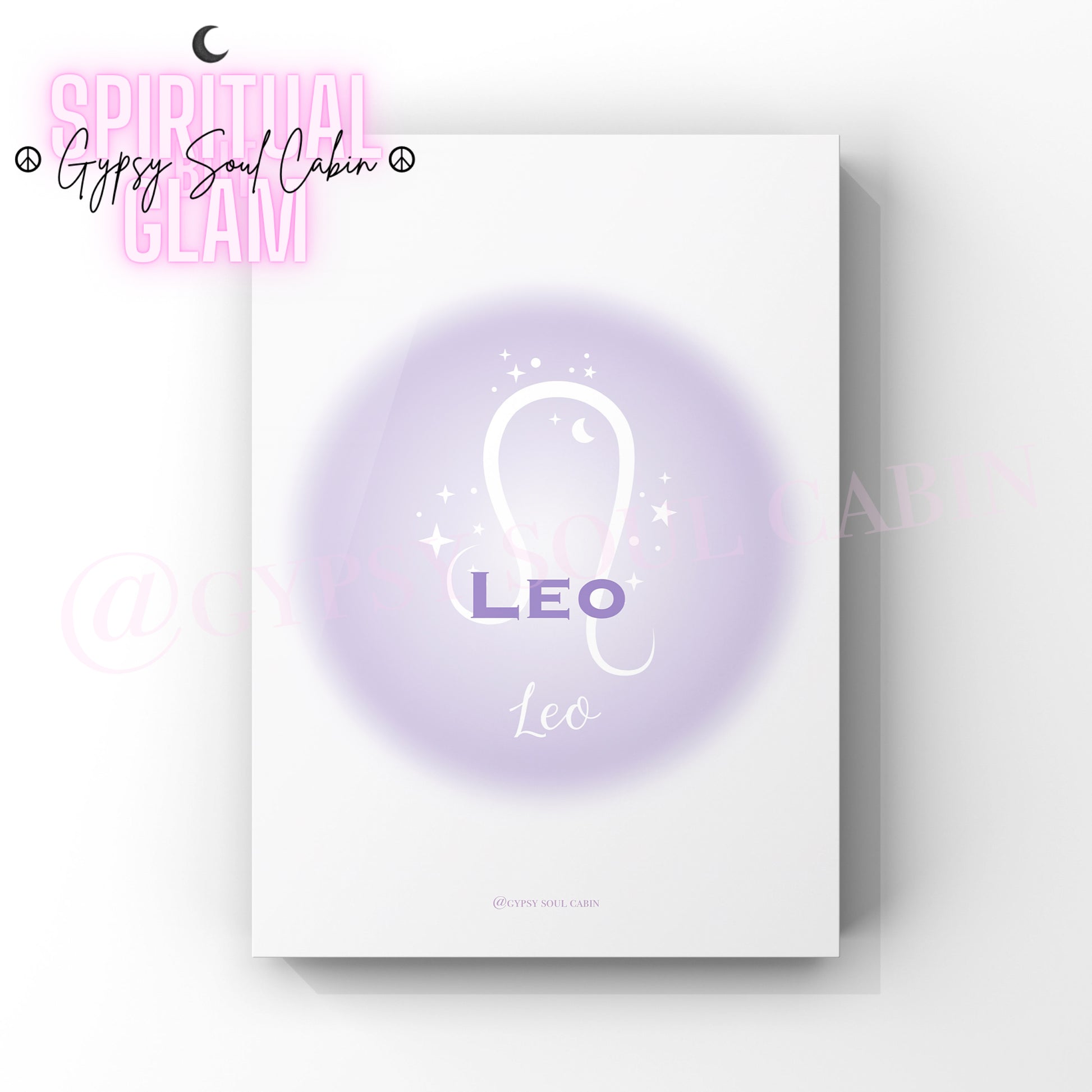 Minimalist A4 astrology wall art print featuring a blurry purple aura circle gradient with the word Leo and its lion symbol in white text.