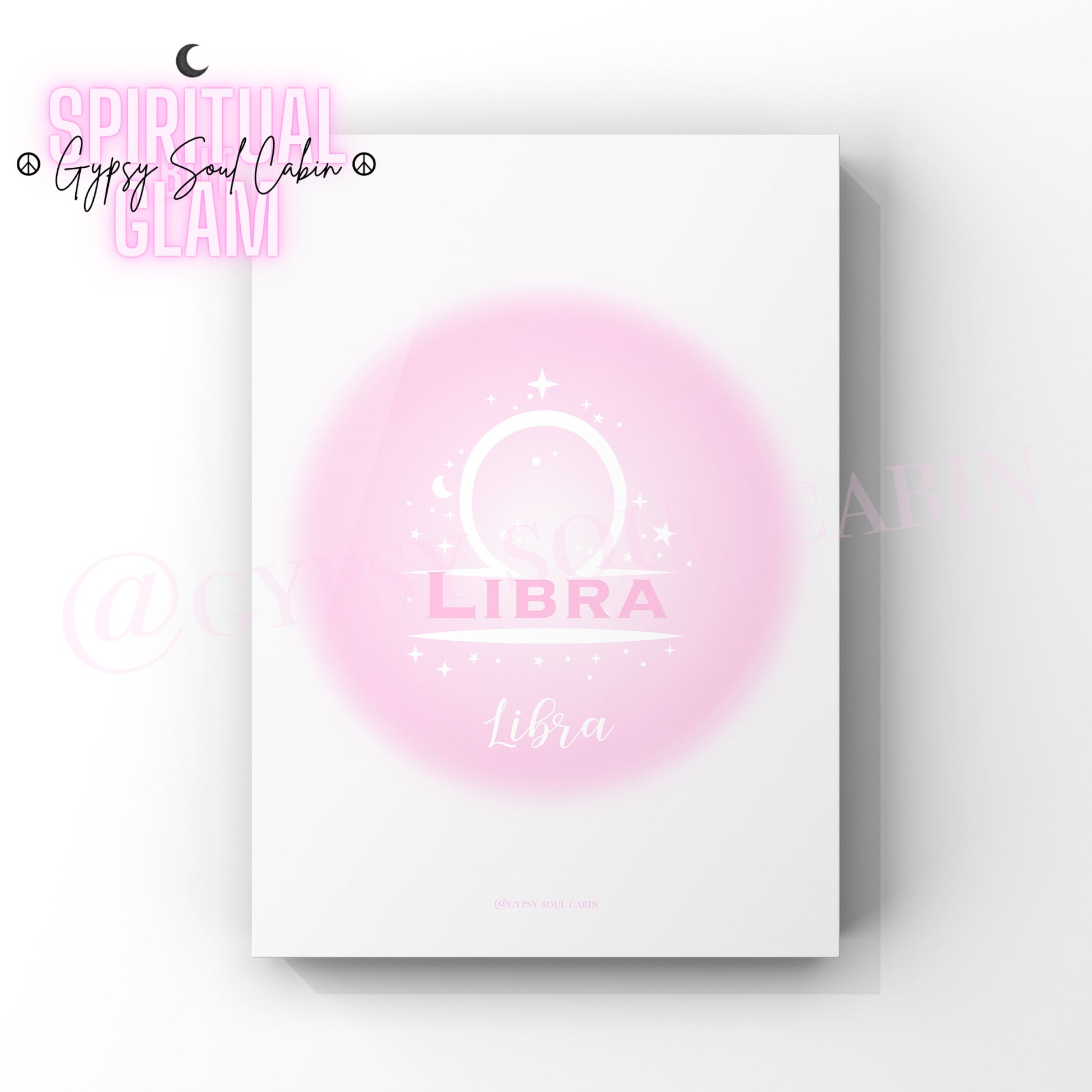 Minimalist A4 astrology wall art print featuring a blurry pink aura circle gradient with the word Libra and its scales symbol in clean white text.