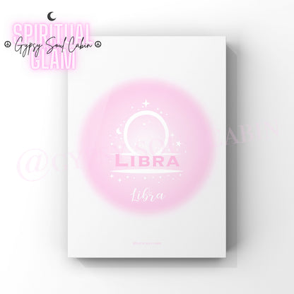 Minimalist A4 astrology wall art print featuring a blurry pink aura circle gradient with the word Libra and its scales symbol in clean white text.
