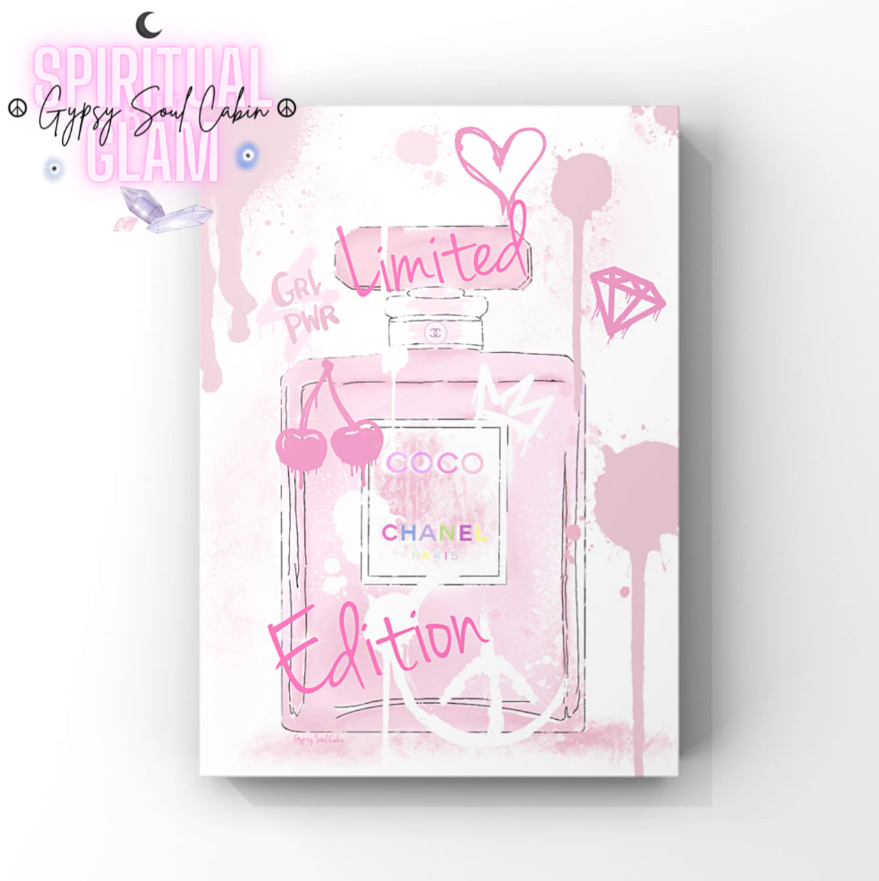 a4 print with a pink Chanel bottle illustration on a white background