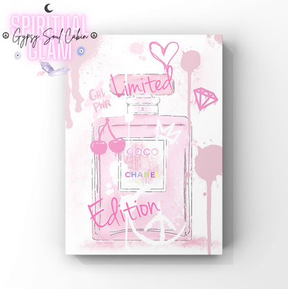 a4 print with a pink Chanel bottle illustration on a white background