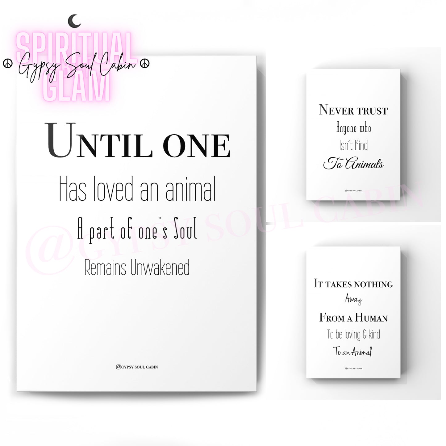 Set of three minimalist black and white A4 typography prints featuring quotes about loving animals, kindness, and trust.