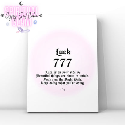 Minimalist A4 spiritual wall art print featuring a soft pink aura gradient background with bold black gothic typography reading Luck 777 and an abundance of manifestation guide text block.