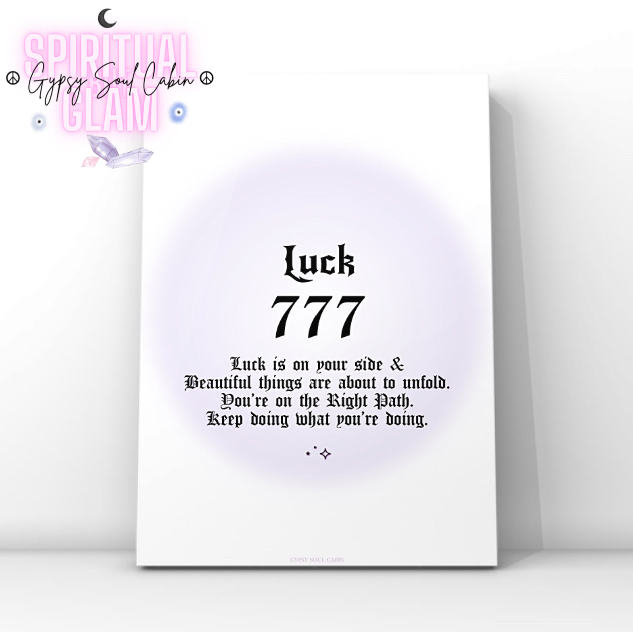 Minimalist A4 spiritual wall art print featuring a soft purple aura gradient background with bold black gothic typography reading Luck 777 and an abundance of manifestation guide text block.