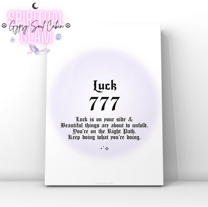 Minimalist A4 spiritual wall art print featuring a soft purple aura gradient background with bold black gothic typography reading Luck 777 and an abundance of manifestation guide text block.