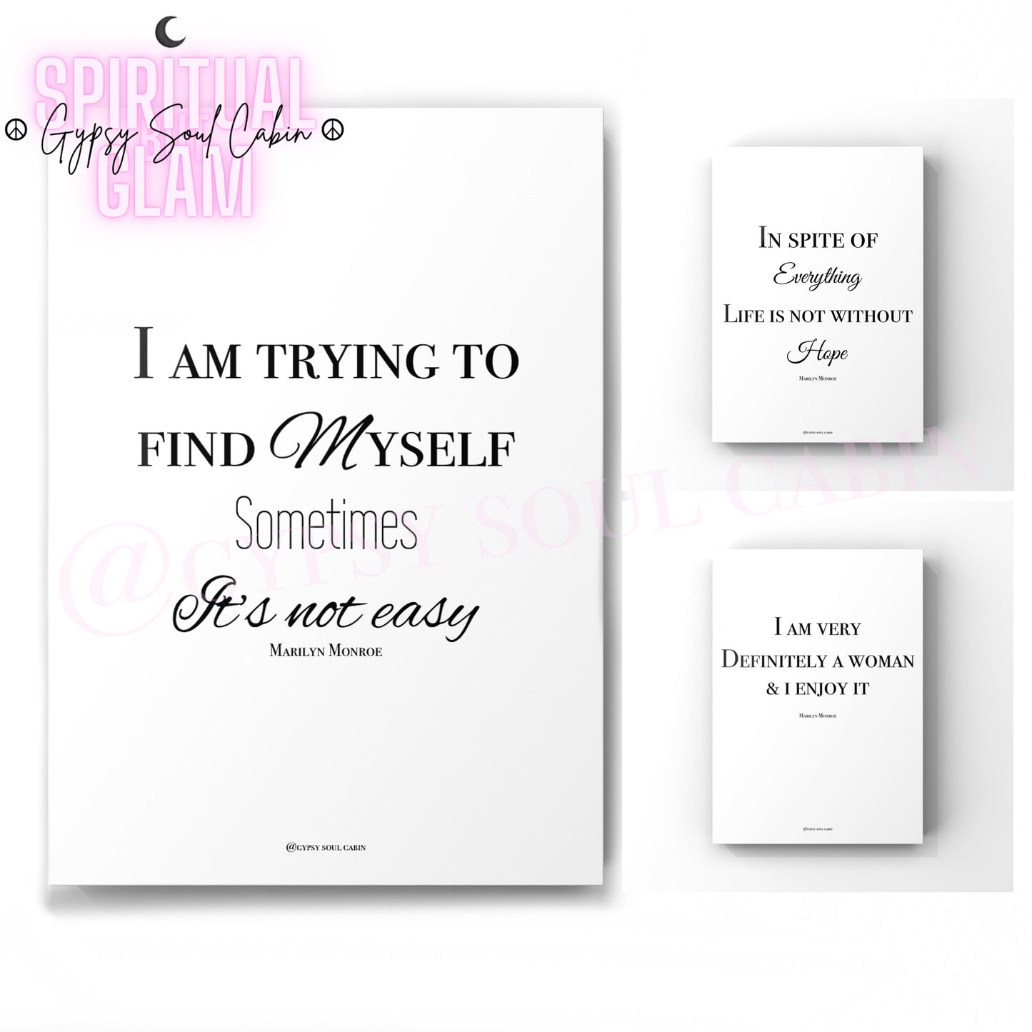 Set of three minimalist black and white A4 typography prints featuring inspiring life quotes by Marilyn Monroe.