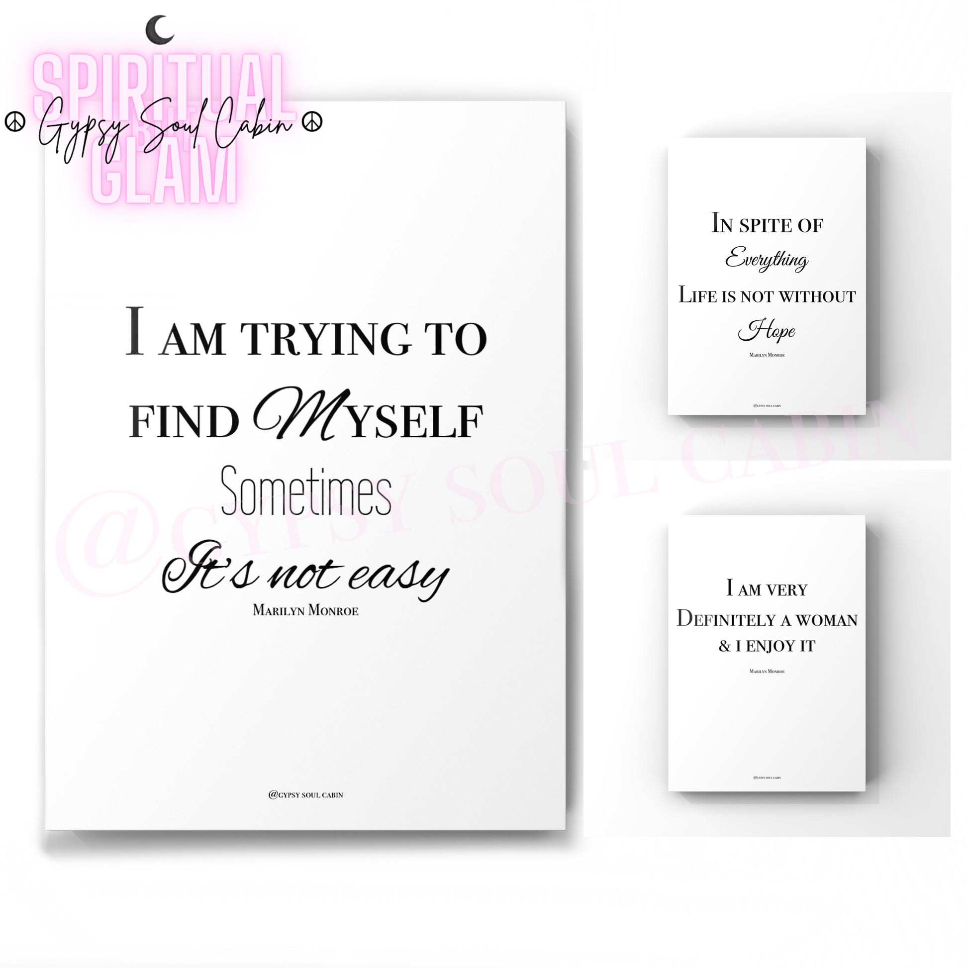 Set of three minimalist black and white A4 typography prints featuring inspiring life quotes by Marilyn Monroe.