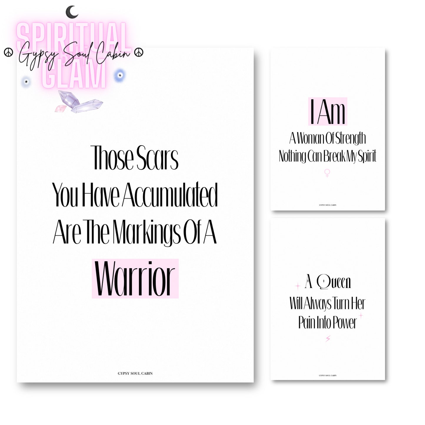 Set of three minimalist black and white typography prints with pink highlights featuring spiritual empowerment quotes reading Markings Of A Warrior, Woman Of Strength, and Turn Pain Into Power.