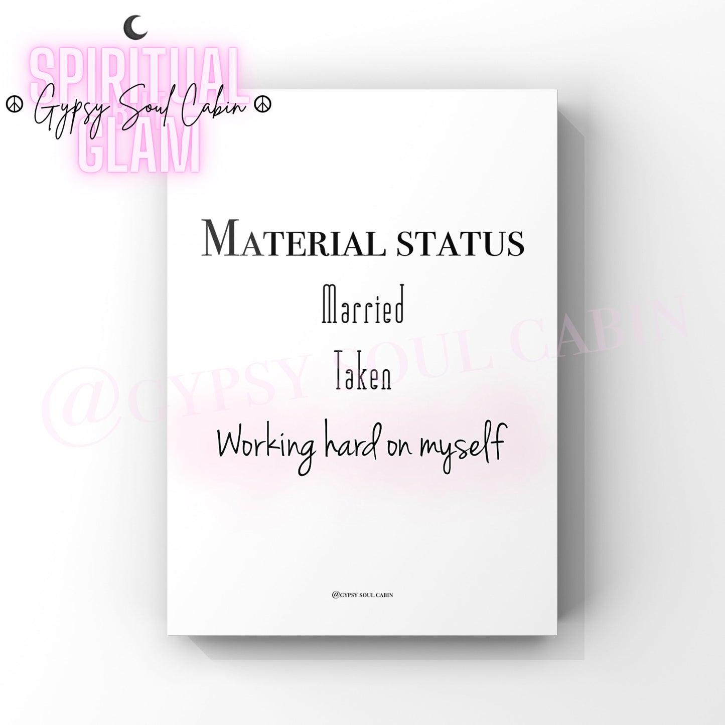 Three A4 black and white quote prints with pink accents, each with a different quote about self-awareness and materialism.
