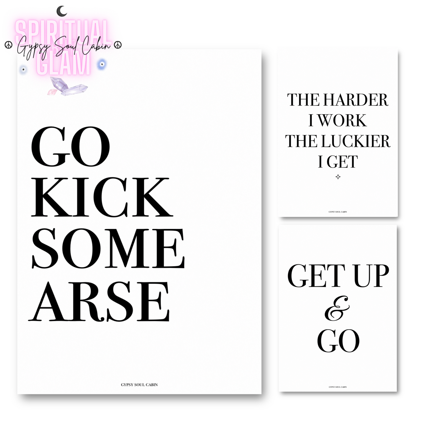 Minimalist black and white manifestation affirmation typography print reading Go Kick Some Arse in a large oak frame leaning against a panelled pink wall.
