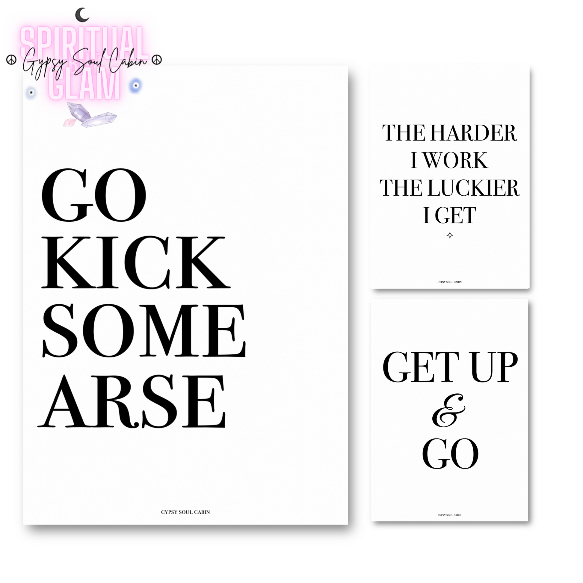 Minimalist black and white manifestation affirmation typography print reading Go Kick Some Arse in a large oak frame leaning against a panelled pink wall.