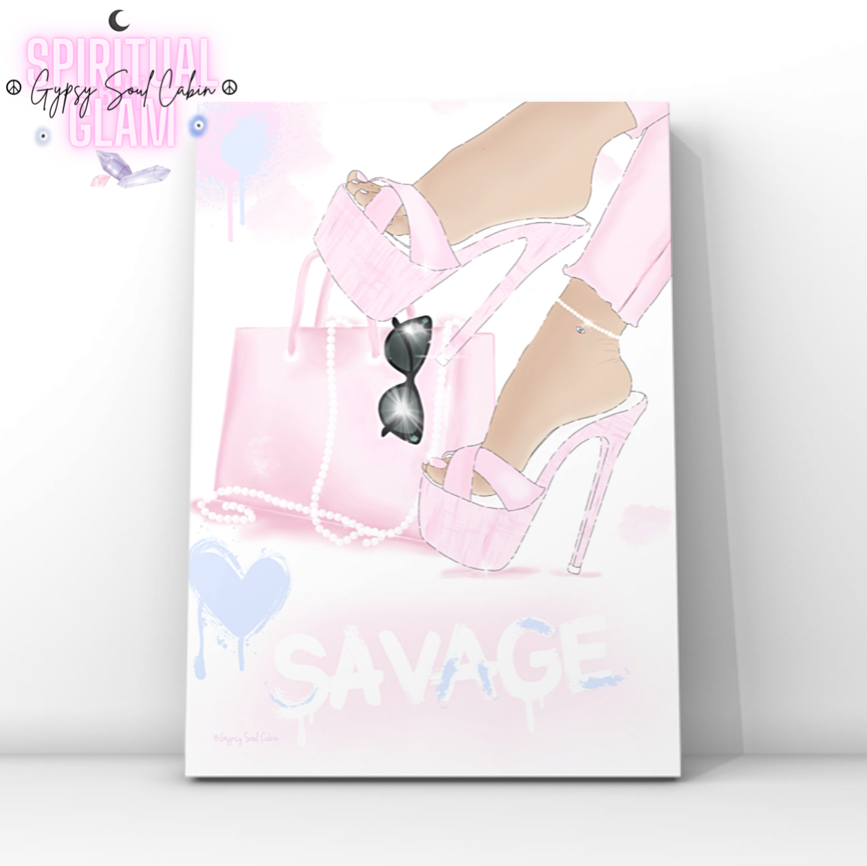 Chic A4 feminine typography print featuring pastel pink platform high heels, a matching pink leather tote bag wrapped in a pearl necklace, sunglasses, and the word SAVAGE written in large white font with blue paint drips at the bottom.