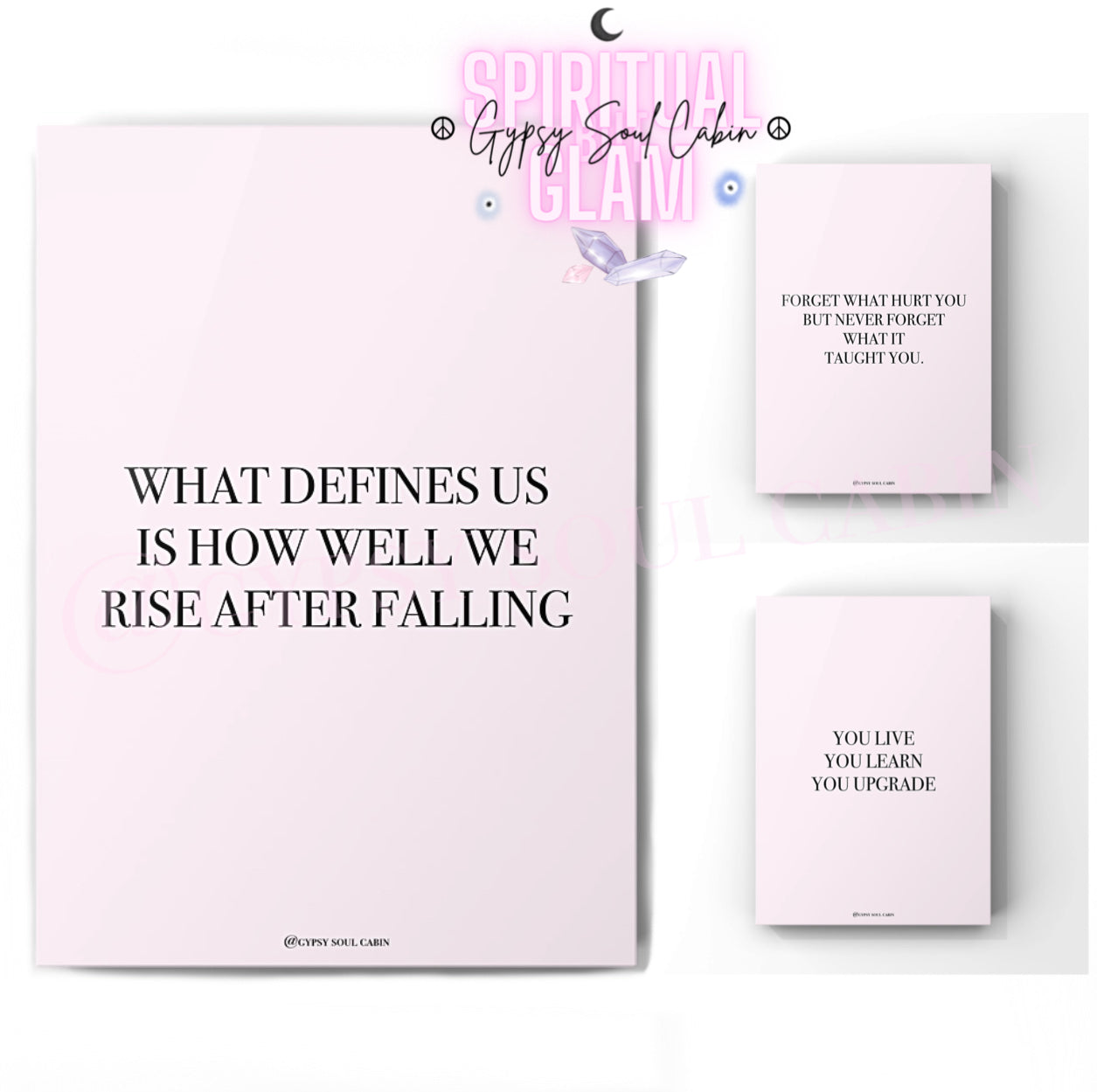 3-piece minimalist resilience typography art print set, featuring the quotes: "What defines us is how well we rise after falling," "Forget what hurt you, but never forget what it taught you," and "You live, you learn, you upgrade," on soft pink backgrounds.