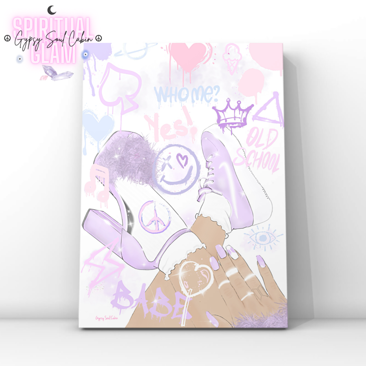 Pastel Y2K fashion pop art print featuring an illustration of lilac platform heels, chunky trainers, and manicured hands layered with graffiti spray text reading Old School, Babe, and Who Me.