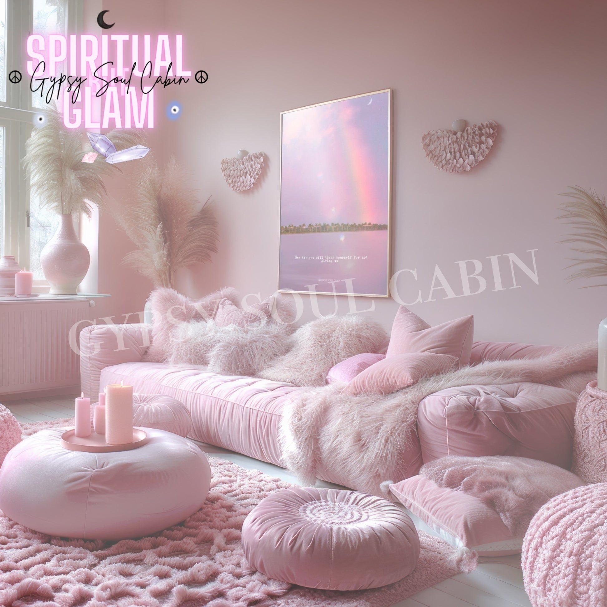 Dreamy pastel pink rainbow landscape quote poster styled in a gold frame on a pink wall above a luxurious, cozy pink plush sofa with fluffy cushions.
