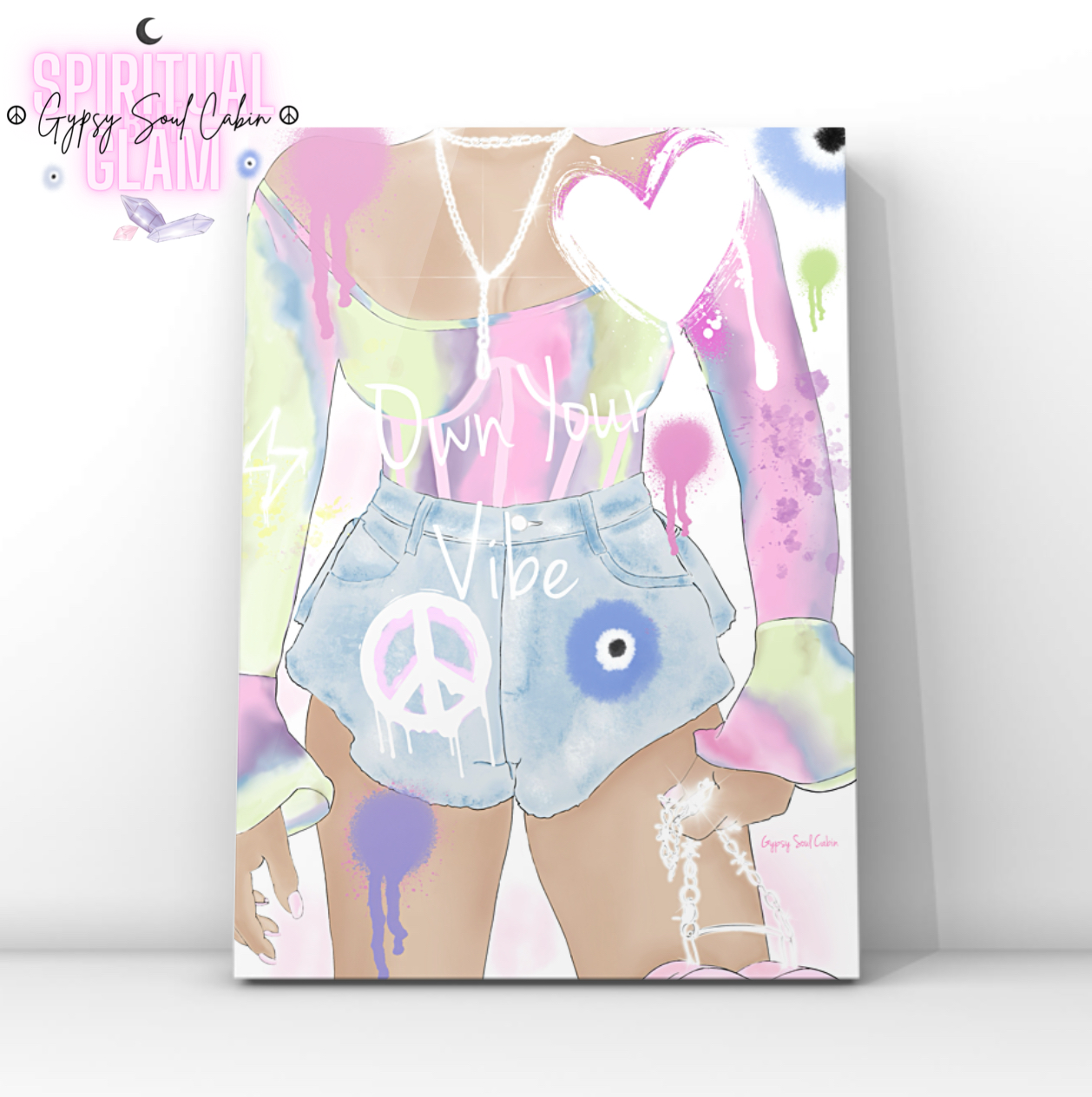 Pastel pop art print featuring an illustrated Y2K style girl wearing a tie-dye top and denim shorts, layered with dripping graffiti text that reads "Own Your Vibe," a peace sign, and an evil eye.Y2K-style. 