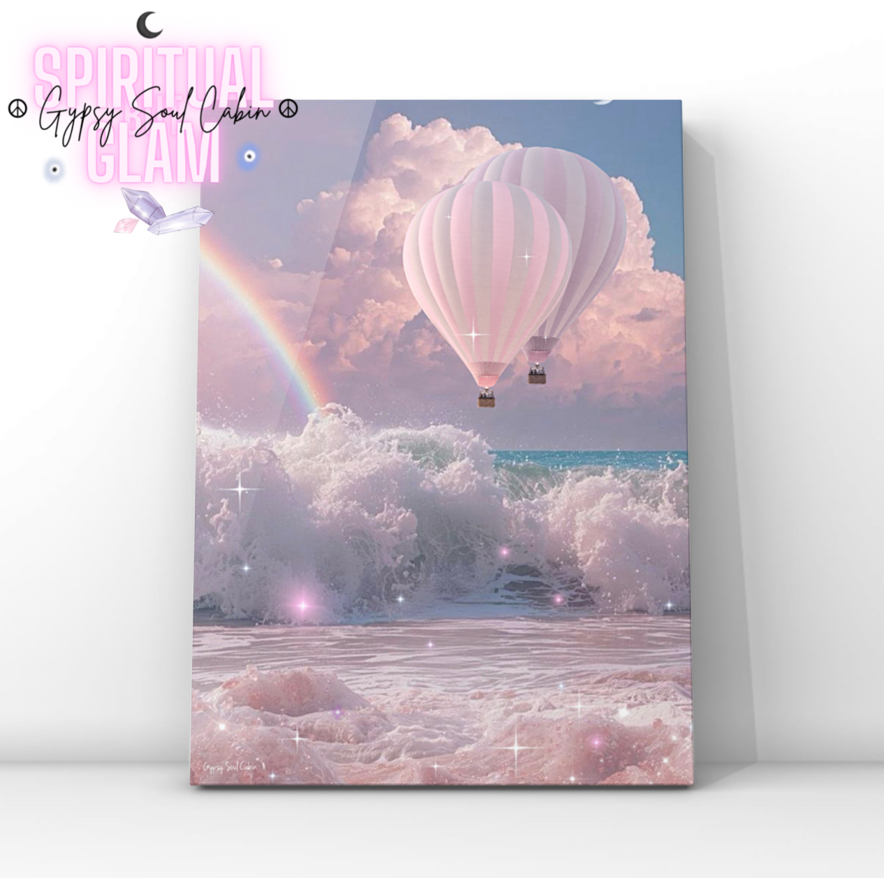 Whimsical surrealist print featuring two pink hot air balloons flying through pink fluffy clouds above crashing sea waves with a rainbow and magical star sparkles.