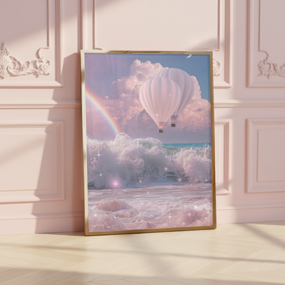 Dreamy pink hot air balloon and rainbow ocean art print on a canvas block display against a clean white gallery backdrop.