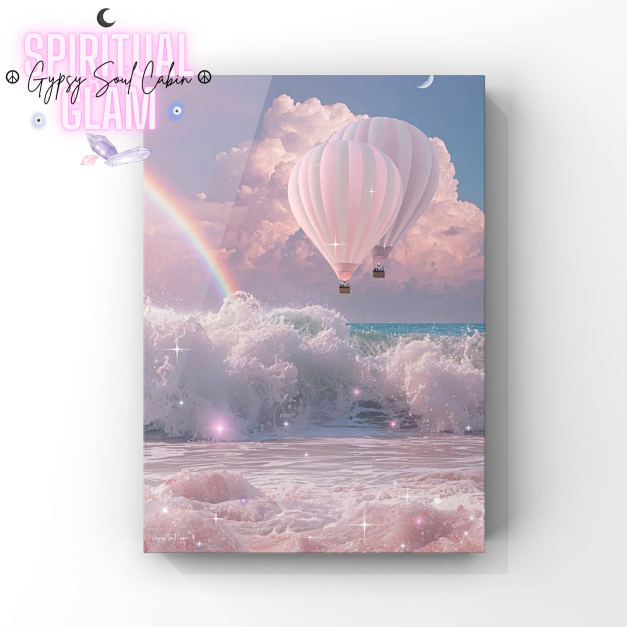 Whimsical surrealist print featuring two pink hot air balloons flying through pink fluffy clouds above crashing sea waves with a rainbow and magical star sparkles.