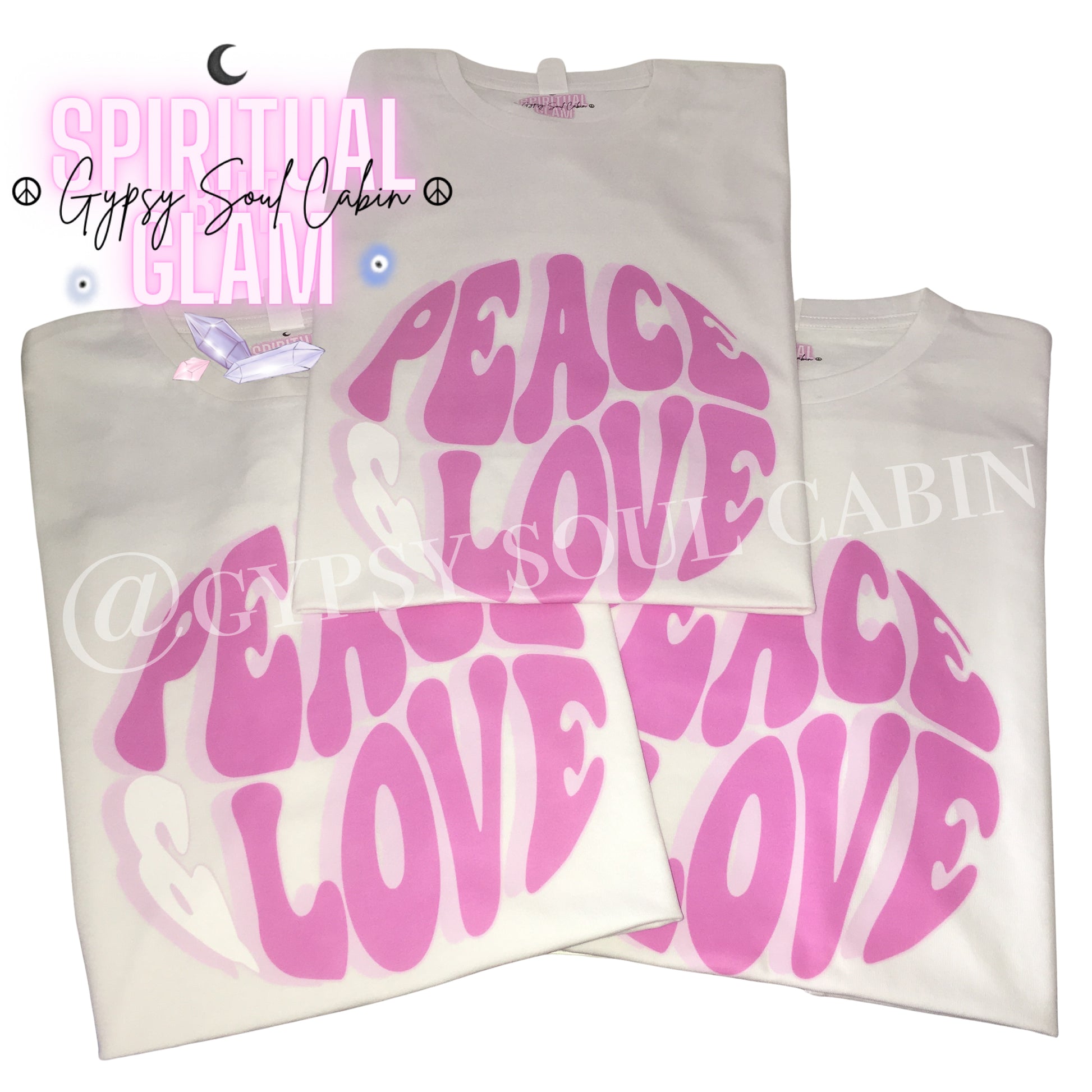 White t-shirt with pink 'Peace Love' text and 'Spiritual Gypsy Soul Cabin' branding.