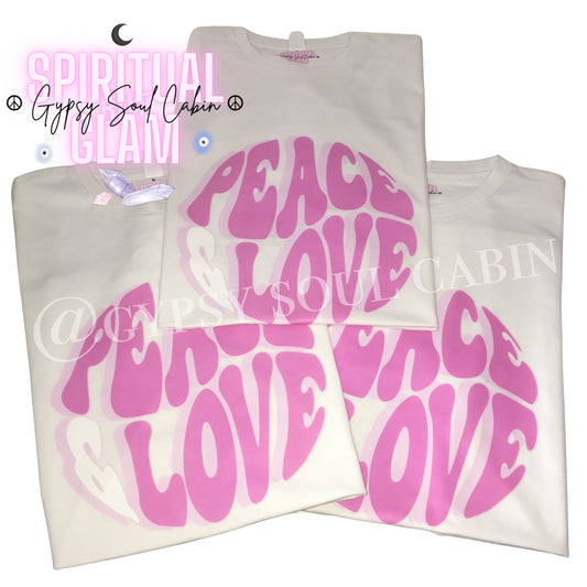 White t-shirt with pink 'Peace Love' text and 'Spiritual Gypsy Soul Cabin' branding.