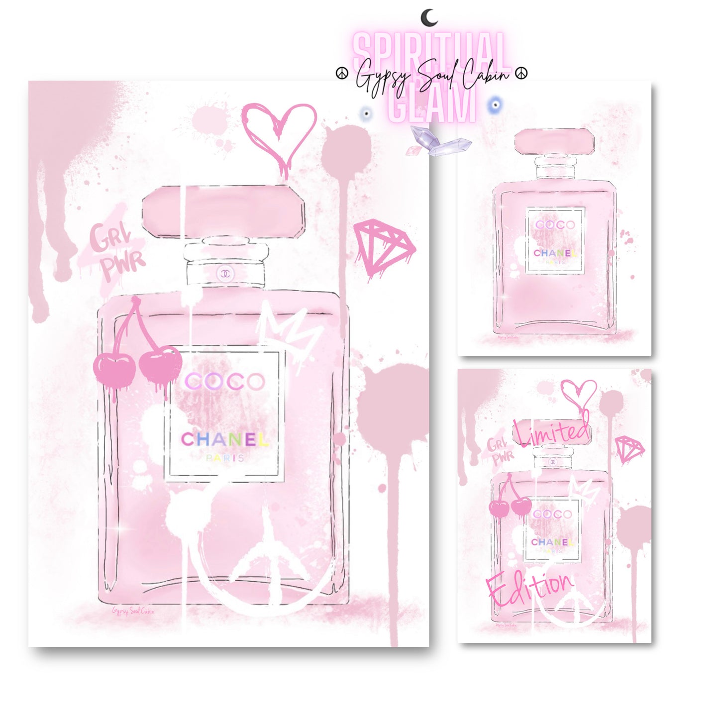 Pink Chanel perfume bottle illustration with decorative elements on a white background