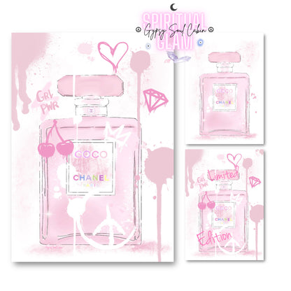 Pink Chanel perfume bottle illustration with decorative elements on a white background